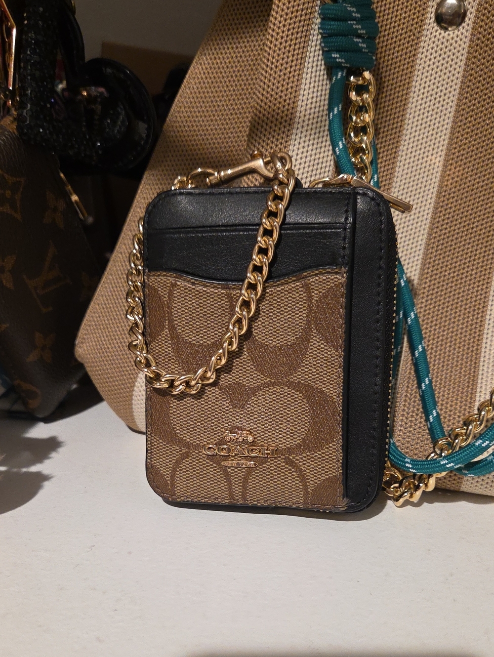 Coach Brown & Black Signature Canvas Card Case with Gold Chain